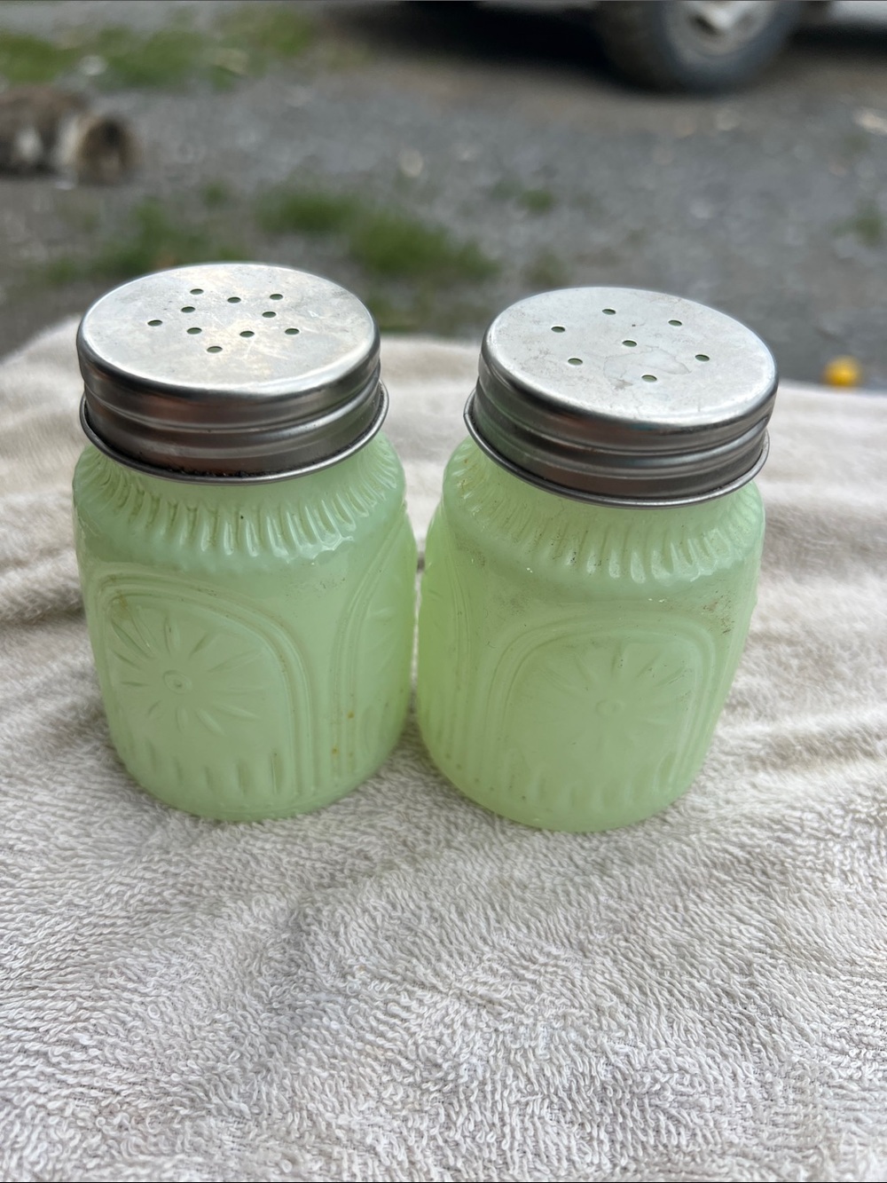 Source Unknown Pale Green Glass Salt and Pepper Shakers with Metal Lids